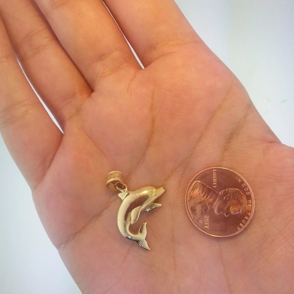 14k Solid Yellow Gold Dolphin Charm Pendant